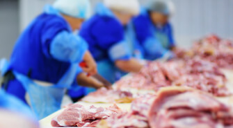 People cutting meat inside meat processing unit