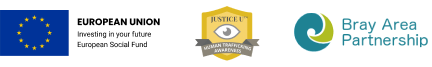 European Union badge, Justice U Human Trafficking Awareness Badge, Bray Area Partnership badge